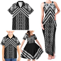 Maori Tukutuku Taniko Motifs Family Matching Tank Maxi Dress and Hawaiian Shirt Black Poutama Mix Kowhaiwhai LT7 - Polynesian Pride