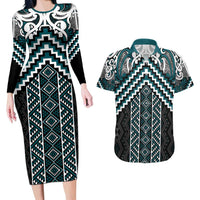 Maori Tukutuku Taniko Motifs Couples Matching Long Sleeve Bodycon Dress and Hawaiian Shirt Teal Poutama Mix Kowhaiwhai LT7 Teal - Polynesian Pride