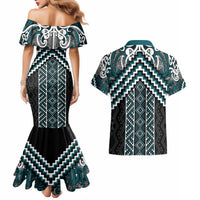 Maori Tukutuku Taniko Motifs Couples Matching Mermaid Dress and Hawaiian Shirt Teal Poutama Mix Kowhaiwhai LT7 - Polynesian Pride