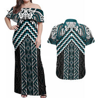 Maori Tukutuku Taniko Motifs Couples Matching Off Shoulder Maxi Dress and Hawaiian Shirt Teal Poutama Mix Kowhaiwhai LT7 Teal - Polynesian Pride