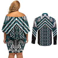 Maori Tukutuku Taniko Motifs Couples Matching Off Shoulder Short Dress and Long Sleeve Button Shirt Teal Poutama Mix Kowhaiwhai LT7 - Polynesian Pride