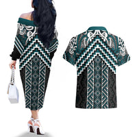 Maori Tukutuku Taniko Motifs Couples Matching Off The Shoulder Long Sleeve Dress and Hawaiian Shirt Teal Poutama Mix Kowhaiwhai LT7 - Polynesian Pride