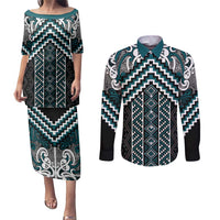 Maori Tukutuku Taniko Motifs Couples Matching Puletasi and Long Sleeve Button Shirt Teal Poutama Mix Kowhaiwhai LT7 Teal - Polynesian Pride