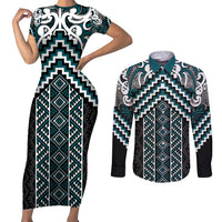 Maori Tukutuku Taniko Motifs Couples Matching Short Sleeve Bodycon Dress and Long Sleeve Button Shirt Teal Poutama Mix Kowhaiwhai LT7 Teal - Polynesian Pride