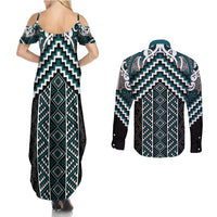 Maori Tukutuku Taniko Motifs Couples Matching Summer Maxi Dress and Long Sleeve Button Shirt Teal Poutama Mix Kowhaiwhai LT7 - Polynesian Pride