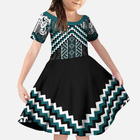 Maori Tukutuku Taniko Motifs Family Matching Off Shoulder Maxi Dress and Hawaiian Shirt Teal Poutama Mix Kowhaiwhai LT7 Daughter's Dress Teal - Polynesian Pride