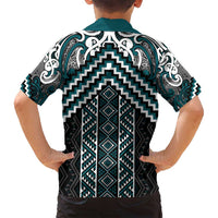 Maori Tukutuku Taniko Motifs Family Matching Off Shoulder Short Dress and Hawaiian Shirt Teal Poutama Mix Kowhaiwhai LT7 - Polynesian Pride