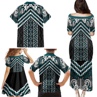 Maori Tukutuku Taniko Motifs Family Matching Puletasi and Hawaiian Shirt Teal Poutama Mix Kowhaiwhai LT7 - Polynesian Pride