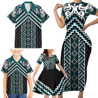 Maori Tukutuku Taniko Motifs Family Matching Short Sleeve Bodycon Dress and Hawaiian Shirt Teal Poutama Mix Kowhaiwhai LT7 - Polynesian Pride