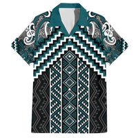 Maori Tukutuku Taniko Motifs Family Matching Short Sleeve Bodycon Dress and Hawaiian Shirt Teal Poutama Mix Kowhaiwhai LT7 Dad's Shirt - Short Sleeve Teal - Polynesian Pride