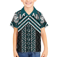 Maori Tukutuku Taniko Motifs Family Matching Tank Maxi Dress and Hawaiian Shirt Teal Poutama Mix Kowhaiwhai LT7 Son's Shirt Teal - Polynesian Pride