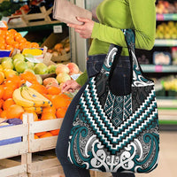 Maori Tukutuku Taniko Motifs Grocery Bag Teal Poutama Mix Kowhaiwhai