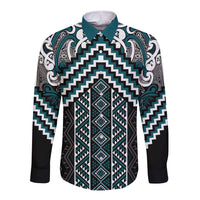 Maori Tukutuku Taniko Motifs Long Sleeve Button Shirt Teal Poutama Mix Kowhaiwhai LT7 Unisex Teal - Polynesian Pride