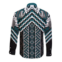 Maori Tukutuku Taniko Motifs Long Sleeve Button Shirt Teal Poutama Mix Kowhaiwhai LT7 - Polynesian Pride