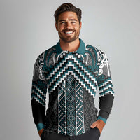 Maori Tukutuku Taniko Motifs Long Sleeve Polo Shirt Teal Poutama Mix Kowhaiwhai