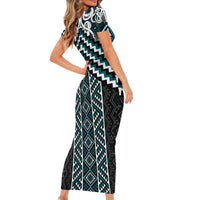 Maori Tukutuku Taniko Motifs Short Sleeve Bodycon Dress Teal Poutama Mix Kowhaiwhai LT7 - Polynesian Pride