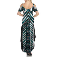 Maori Tukutuku Taniko Motifs Summer Maxi Dress Teal Poutama Mix Kowhaiwhai
