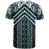 Maori Tukutuku Taniko Motifs T Shirt Teal Poutama Mix Kowhaiwhai