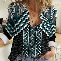 Maori Tukutuku Taniko Motifs Women Casual Shirt Teal Poutama Mix Kowhaiwhai LT7 Female Teal - Polynesian Pride