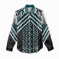 Maori Tukutuku Taniko Motifs Women Casual Shirt Teal Poutama Mix Kowhaiwhai LT7 - Polynesian Pride