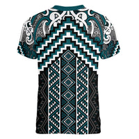 Maori Tukutuku Taniko Motifs Women V-Neck T-Shirt Teal Poutama Mix Kowhaiwhai