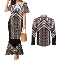 Maori Tukutuku Taniko Motifs Couples Matching Mermaid Dress and Long Sleeve Button Shirt Brown Poutama Mix Kowhaiwhai LT7 Brown - Polynesian Pride