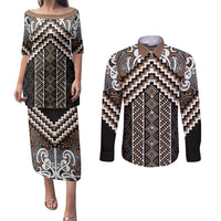 Maori Tukutuku Taniko Motifs Couples Matching Puletasi and Long Sleeve Button Shirt Brown Poutama Mix Kowhaiwhai LT7 Brown - Polynesian Pride