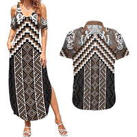 Maori Tukutuku Taniko Motifs Couples Matching Summer Maxi Dress and Hawaiian Shirt Brown Poutama Mix Kowhaiwhai LT7 Brown - Polynesian Pride