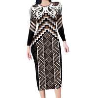 Maori Tukutuku Taniko Motifs Family Matching Long Sleeve Bodycon Dress and Hawaiian Shirt Brown Poutama Mix Kowhaiwhai LT7 Mom's Dress Brown - Polynesian Pride
