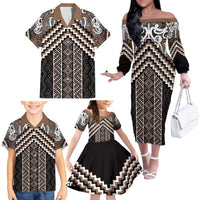 Maori Tukutuku Taniko Motifs Family Matching Off The Shoulder Long Sleeve Dress and Hawaiian Shirt Brown Poutama Mix Kowhaiwhai LT7 - Polynesian Pride