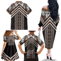 Maori Tukutuku Taniko Motifs Family Matching Off The Shoulder Long Sleeve Dress and Hawaiian Shirt Brown Poutama Mix Kowhaiwhai LT7 - Polynesian Pride
