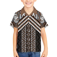 Maori Tukutuku Taniko Motifs Family Matching Off The Shoulder Long Sleeve Dress and Hawaiian Shirt Brown Poutama Mix Kowhaiwhai LT7 Son's Shirt Brown - Polynesian Pride