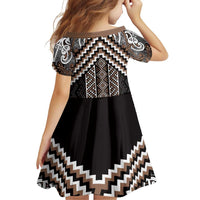 Maori Tukutuku Taniko Motifs Family Matching Off Shoulder Short Dress and Hawaiian Shirt Brown Poutama Mix Kowhaiwhai LT7 - Polynesian Pride