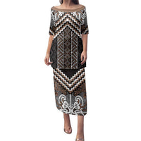 Maori Tukutuku Taniko Motifs Family Matching Puletasi and Hawaiian Shirt Brown Poutama Mix Kowhaiwhai LT7 Mom's Dress Brown - Polynesian Pride