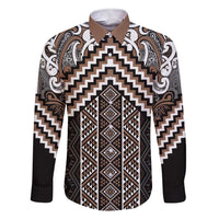 Maori Tukutuku Taniko Motifs Family Matching Short Sleeve Bodycon Dress and Hawaiian Shirt Brown Poutama Mix Kowhaiwhai LT7 Dad's Shirt - Long Sleeve Brown - Polynesian Pride