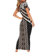 Maori Tukutuku Taniko Motifs Family Matching Short Sleeve Bodycon Dress and Hawaiian Shirt Brown Poutama Mix Kowhaiwhai LT7 - Polynesian Pride