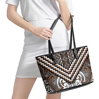 Maori Tukutuku Taniko Motifs Leather Tote Bag Brown Poutama Mix Kowhaiwhai