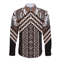 Maori Tukutuku Taniko Motifs Long Sleeve Button Shirt Brown Poutama Mix Kowhaiwhai