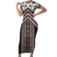 Maori Tukutuku Taniko Motifs Short Sleeve Bodycon Dress Brown Poutama Mix Kowhaiwhai LT7 Long Dress Brown - Polynesian Pride