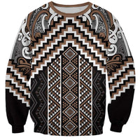 Maori Tukutuku Taniko Motifs Sweatshirt Brown Poutama Mix Kowhaiwhai