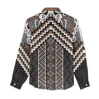 Maori Tukutuku Taniko Motifs Women Casual Shirt Brown Poutama Mix Kowhaiwhai LT7 - Polynesian Pride