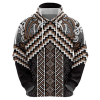 Maori Tukutuku Taniko Motifs Zip Hoodie Brown Poutama Mix Kowhaiwhai LT7 - Polynesian Pride
