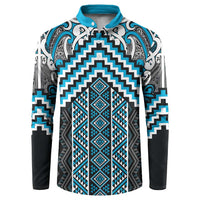 Maori Tukutuku Taniko Motifs Button Sweatshirt Turquoise Poutama Mix Kowhaiwhai