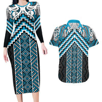 Maori Tukutuku Taniko Motifs Couples Matching Long Sleeve Bodycon Dress and Hawaiian Shirt Turquoise Poutama Mix Kowhaiwhai LT7 Turquoise - Polynesian Pride