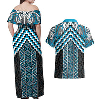 Maori Tukutuku Taniko Motifs Couples Matching Off Shoulder Maxi Dress and Hawaiian Shirt Turquoise Poutama Mix Kowhaiwhai LT7 - Polynesian Pride