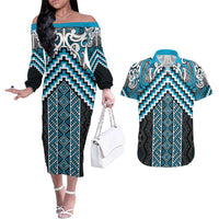 Maori Tukutuku Taniko Motifs Couples Matching Off The Shoulder Long Sleeve Dress and Hawaiian Shirt Turquoise Poutama Mix Kowhaiwhai LT7 Turquoise - Polynesian Pride