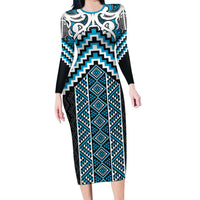 Maori Tukutuku Taniko Motifs Family Matching Long Sleeve Bodycon Dress and Hawaiian Shirt Turquoise Poutama Mix Kowhaiwhai LT7 Mom's Dress Turquoise - Polynesian Pride