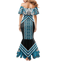 Maori Tukutuku Taniko Motifs Family Matching Mermaid Dress and Hawaiian Shirt Turquoise Poutama Mix Kowhaiwhai LT7 - Polynesian Pride