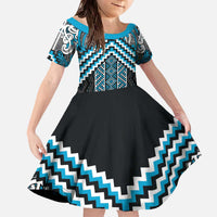 Maori Tukutuku Taniko Motifs Family Matching Off The Shoulder Long Sleeve Dress and Hawaiian Shirt Turquoise Poutama Mix Kowhaiwhai LT7 Daughter's Dress Turquoise - Polynesian Pride