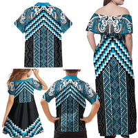 Maori Tukutuku Taniko Motifs Family Matching Off Shoulder Maxi Dress and Hawaiian Shirt Turquoise Poutama Mix Kowhaiwhai LT7 - Polynesian Pride